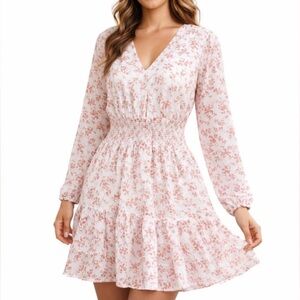 Floral Pink Long Sleeve Cottagecore Smocked Mini Dress Size Medium